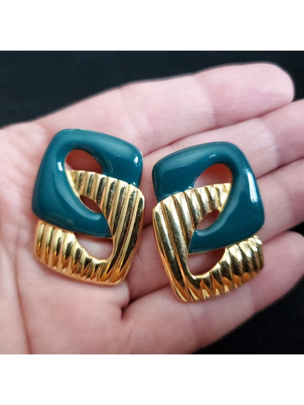Vintage Napier Earrings Teal Blue Green Enamel Gold Tone Statement 1.5"